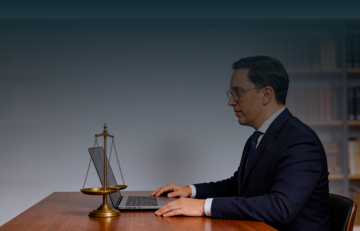 Advogado de óculos e fato azul-marinho sentado de perfil à secretária, com portátil e balança de latão, num escritório com estantes de livros ao fundo.