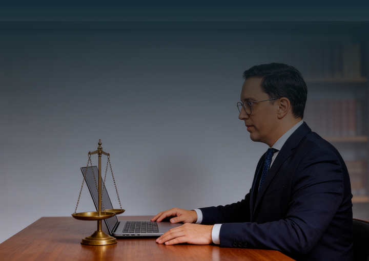 Advogado de óculos e fato azul-marinho sentado de perfil à secretária, com portátil e balança de latão, num escritório com estantes de livros ao fundo.