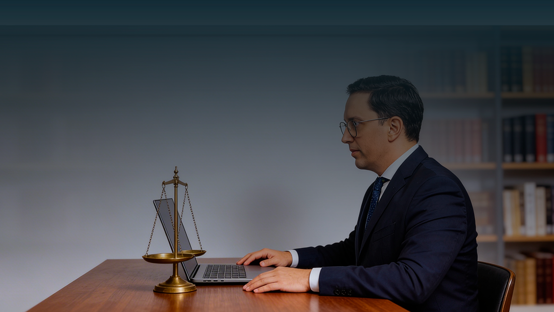 Advogado de óculos e fato azul-marinho sentado de perfil à secretária, com portátil e balança de latão, num escritório com estantes de livros ao fundo.