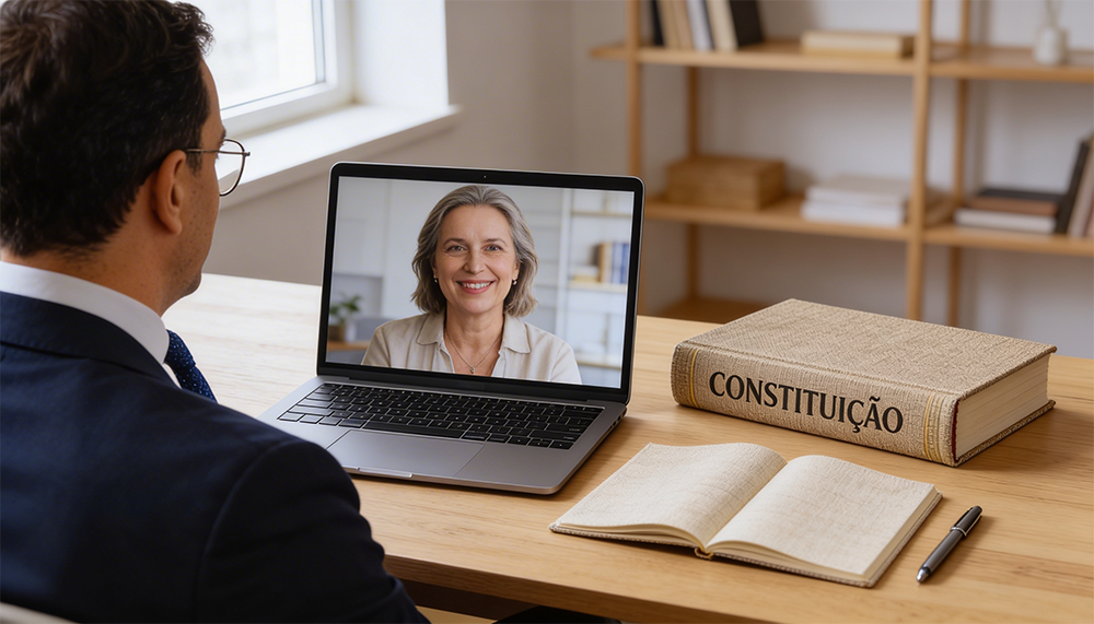 Advogado sentado à secretária em videochamada com uma cliente através de um portátil, com um livro da Constituição em destaque na mesa.