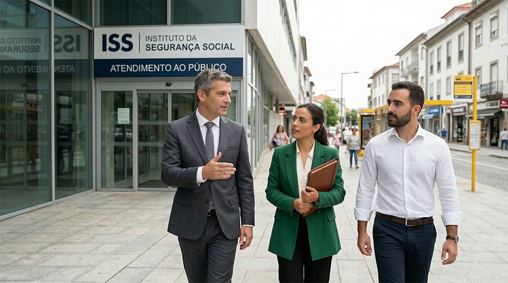 Um advogado de fato e dois jovens empreendedores caminham e conversam em frente a um edifício do Instituto da Segurança Social. O ambiente é de consultoria profissional externa, simbolizando o acompanhamento jurídico em todas as fases da abertura de uma empresa.