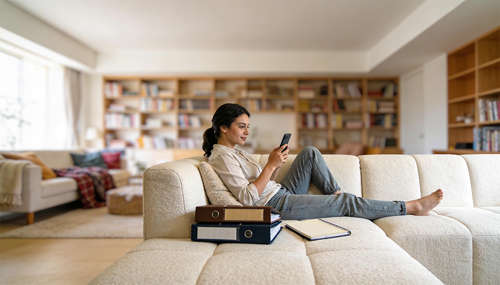 Mulher sentada de forma relaxada num sofá bege, a utilizar o telemóvel com dossiers e um caderno ao lado, num ambiente doméstico luminoso.