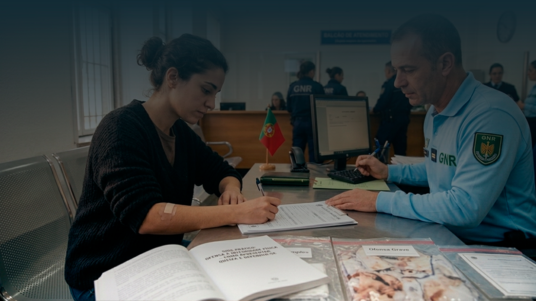Uma jovem mulher com um penso no braço assina um documento oficial num balcão de atendimento da GNR, com um agente fardado a orientar o processo e um guia prático sobre defesa jurídica em primeiro plano.