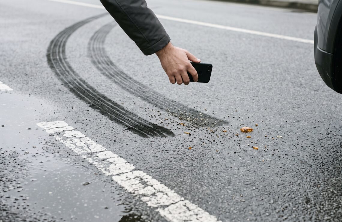 Mão a fotografar com o telemóvel os rastos de travagem no asfalto, junto à roda de um carro imobilizado.