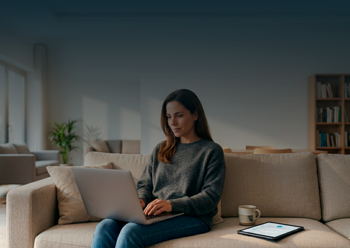 Uma mulher sentada de frente num sofá bege, a utilizar um portátil sobre o colo, num ambiente de sala de estar luminoso com estantes de livros ao fundo e texto sobreposto no topo.