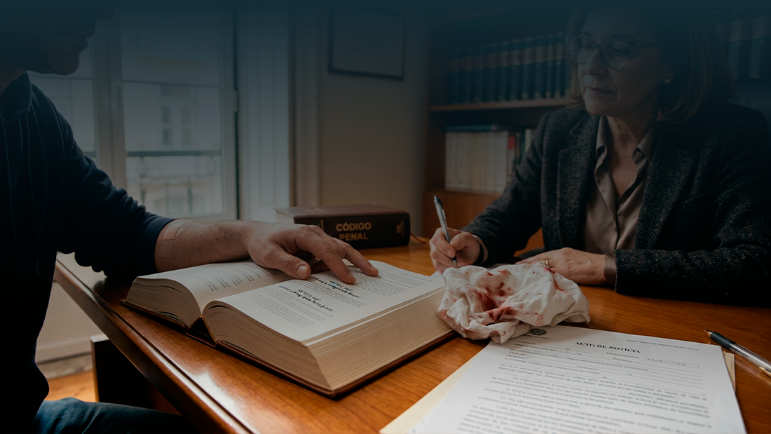 Uma advogada em Braga analisa um Código Penal Português enquanto um homem aponta para a lei, com um pano ensanguentado em primeiro plano representando provas de agressão.
