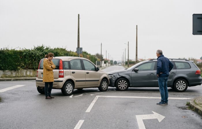 Dois carros imobilizados num cruzamento após colisão lateral, com os condutores afastados um do outro a olhar para a posição dos veículos.