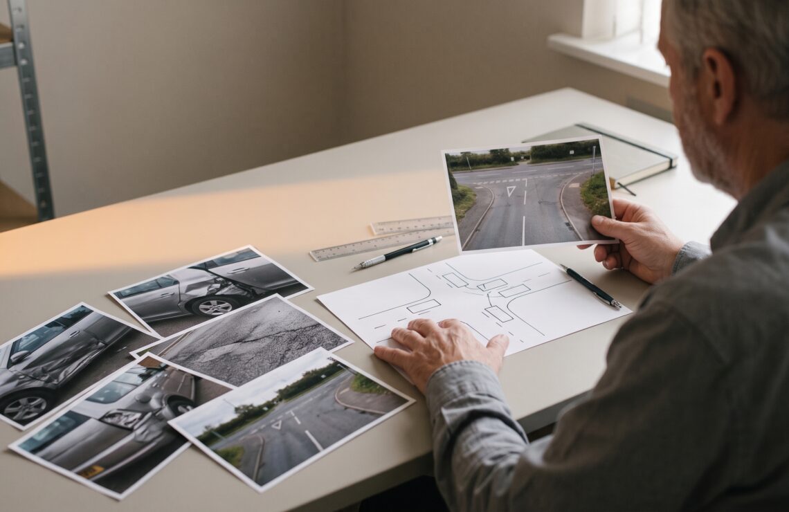 Perito a comparar fotografias impressas do acidente com um esquema do cruzamento, sobre uma mesa de escritório.