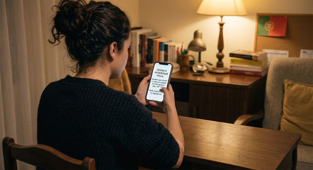 Vista de costas de uma jovem mulher sentada a uma mesa de madeira em casa, a ler no ecrã do seu telemóvel a definição jurídica de "OFENSA À INTEGRIDADE FÍSICA" baseada no Código Penal.