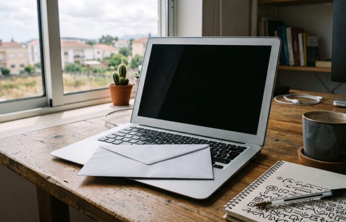 Envelope fechado pousado sobre um teclado, numa secretária de escritório