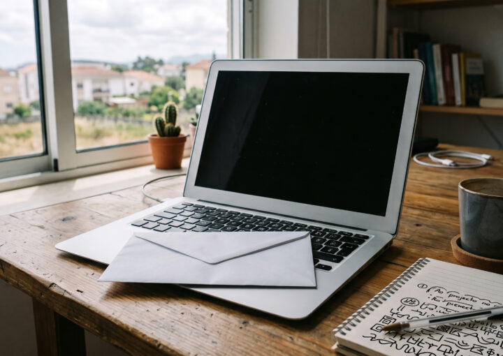 Envelope fechado pousado sobre um teclado, numa secretária de escritório
