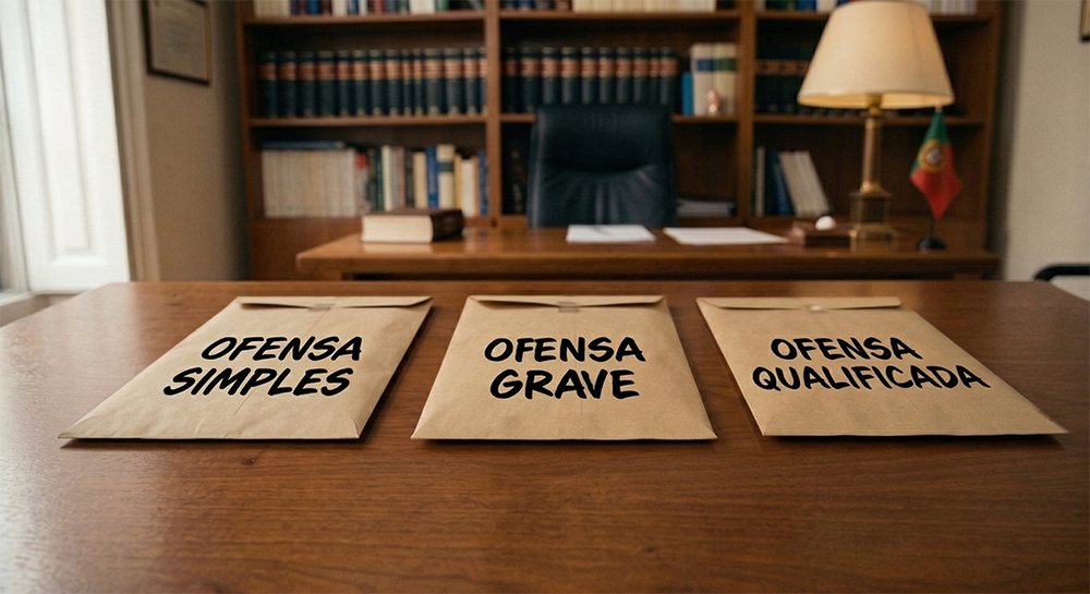 Três envelopes de papel pardo dispostos sobre uma mesa de escritório jurídico, identificados com os textos "OFENSA SIMPLES", "OFENSA GRAVE" e "OFENSA QUALIFICADA", representando os diferentes graus de agressão na lei portuguesa.
