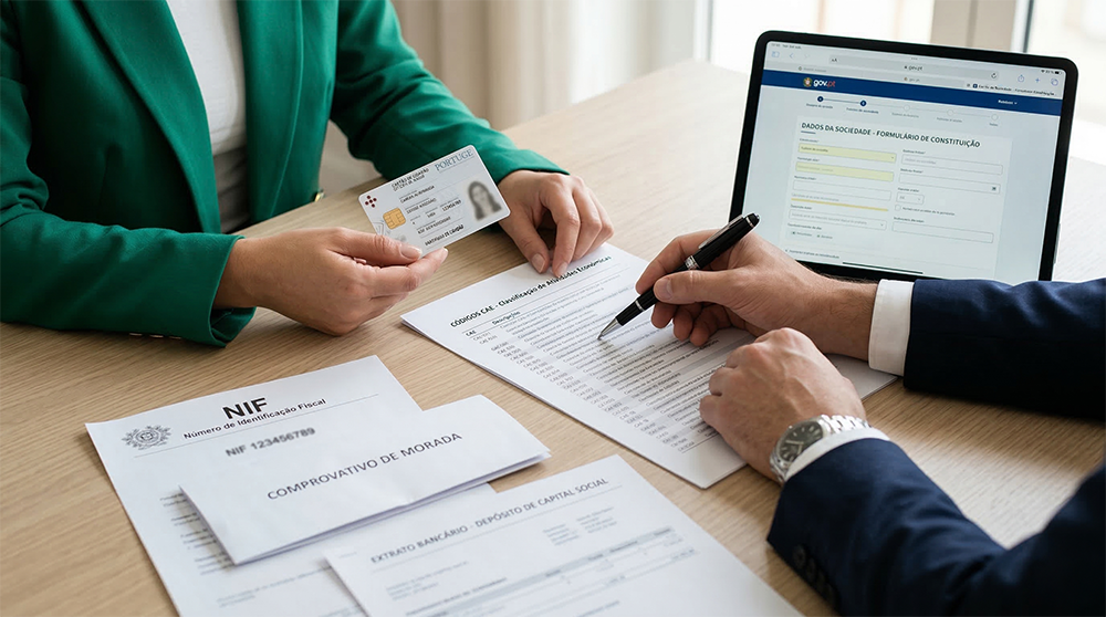 Close-up das mãos dos empreendedores e do advogado a organizar documentos sobre uma mesa: Cartão de Cidadão, comprovativo de NIF e uma lista de códigos CAE. Um tablet ao lado mostra um formulário de identificação de sócios, simbolizando a preparação rigorosa dos dados para o registo.