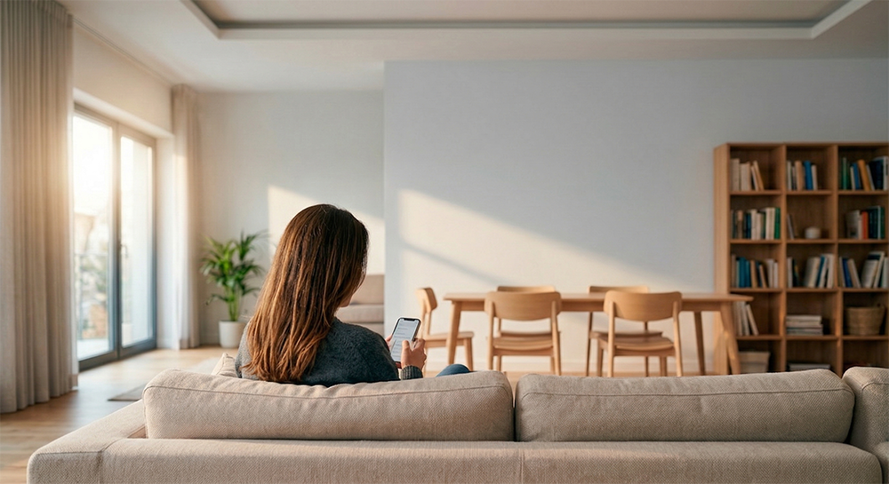 Vista de costas de uma mulher sentada num sofá bege, a interagir com um telemóvel numa sala de estar ampla e iluminada, com uma parede branca vazia no topo.
