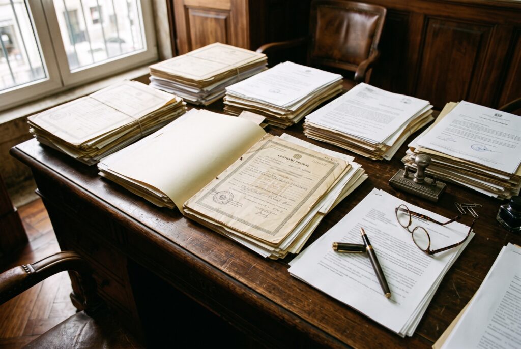 Documentos e certidões sobre a mesa durante uma escritura de justificação no notário