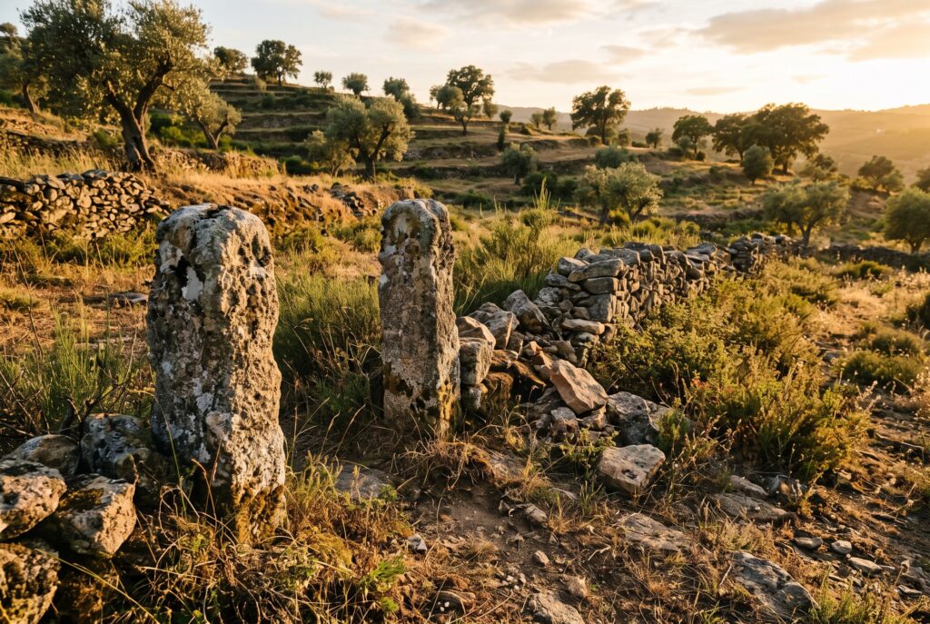 Marcos de granito a delimitar a estrema de um terreno rústico possuído há décadas
