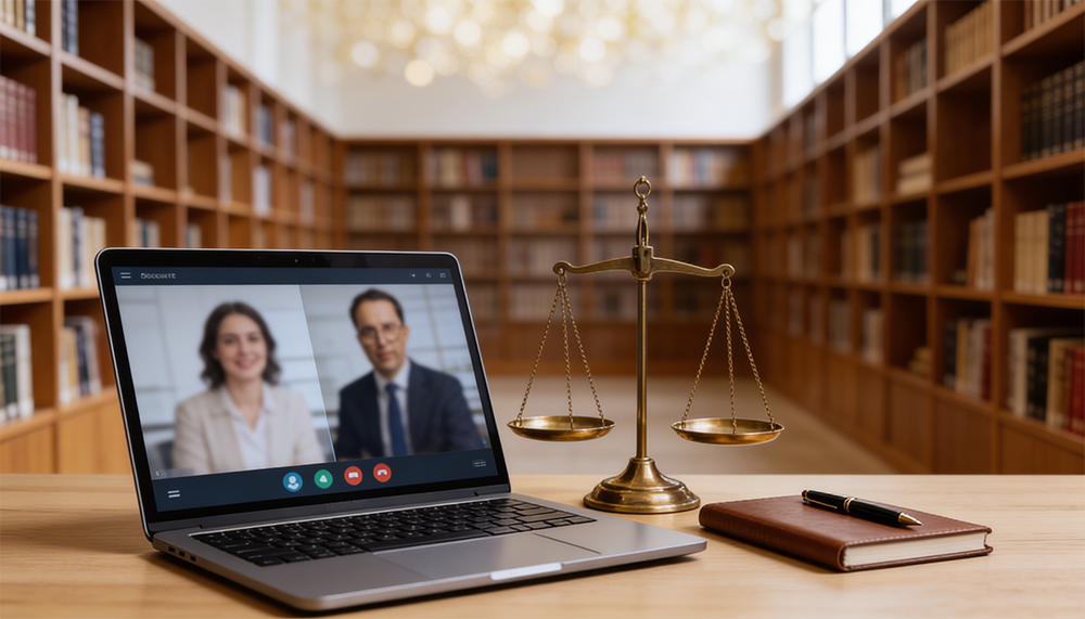 Secretária de advogado com portátil exibindo videochamada com clientes, balança de latão e agenda, com biblioteca jurídica desfocada ao fundo.