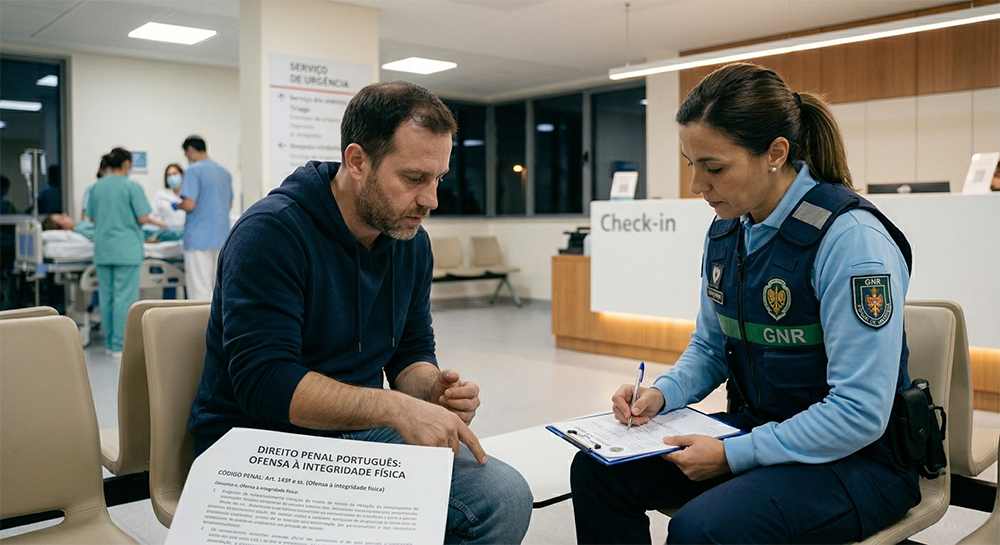Vítima de agressão consulta documento sobre o Artigo 143 do Código Penal (Ofensa à Integridade Física) junto de uma autoridade da GNR num hospital.
