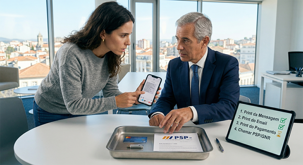 Vítima e consultor agem rapidamente após burla: ela mostra captura de ecrã da SMS no telemóvel e ele organiza provas como cartão bancário, pen USB e queixa para a PSP, com uma checklist de tarefas no tablet.