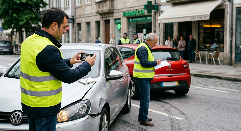 Condutor a tirar fotografia aos danos do carro e outro condutor a preencher a declaração amigável após acidente.