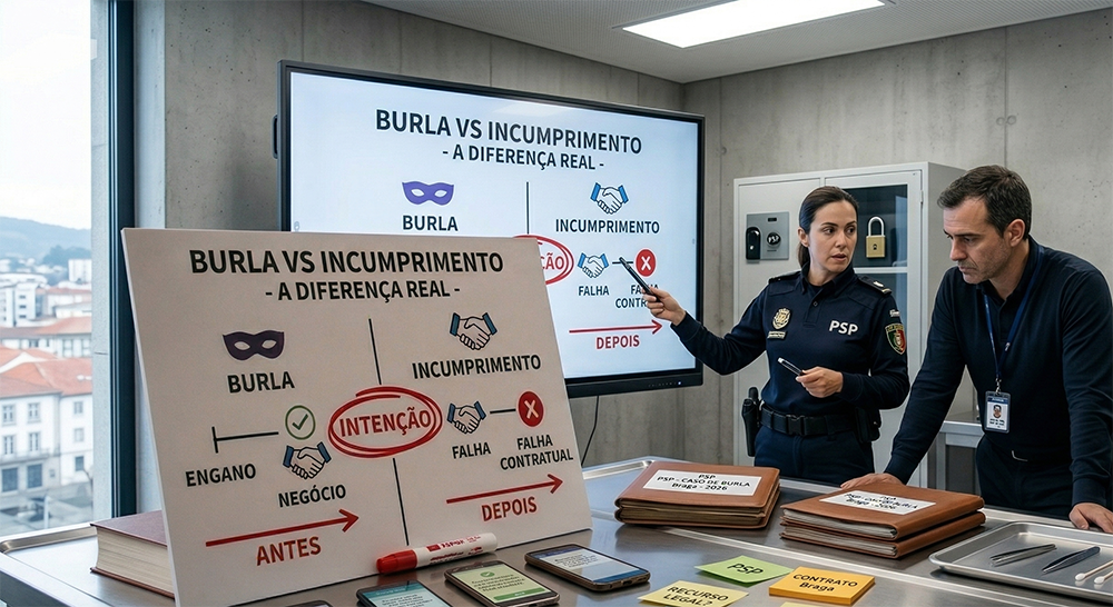 Agente da PSP explica a diferença entre burla e incumprimento num ecrã digital, com evidências, dossiers e documentos de investigação sobre uma mesa de metal.