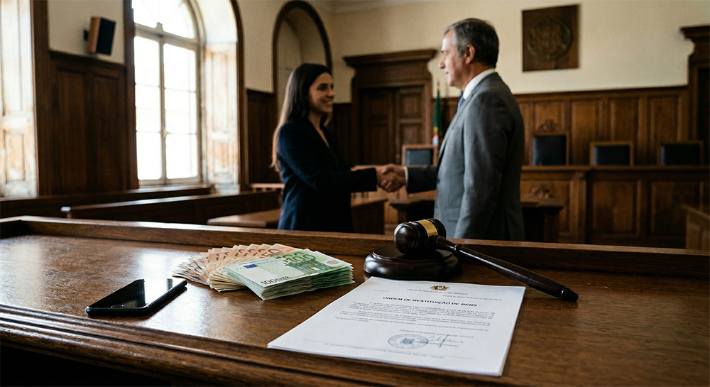 Ordem de restituição de bens sobre uma mesa de tribunal com dinheiro e objetos recuperados, simbolizando a possibilidade de reaver valores após uma burla em Portugal.