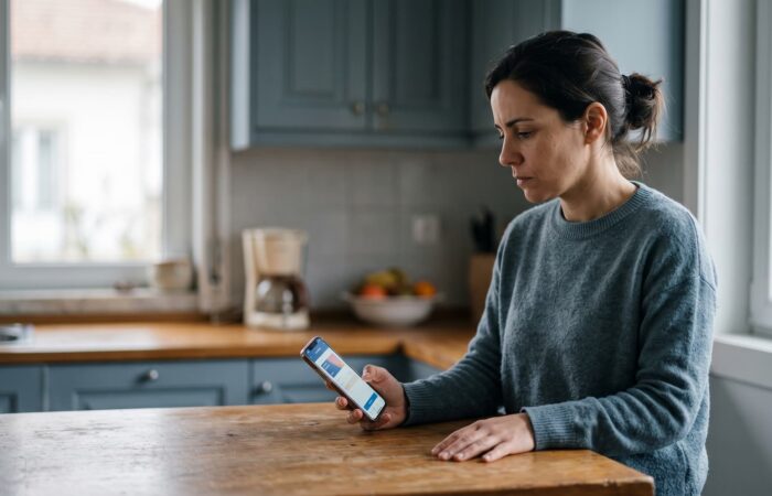 Mulher a olhar para a aplicação do banco no telemóvel depois de uma transferência.