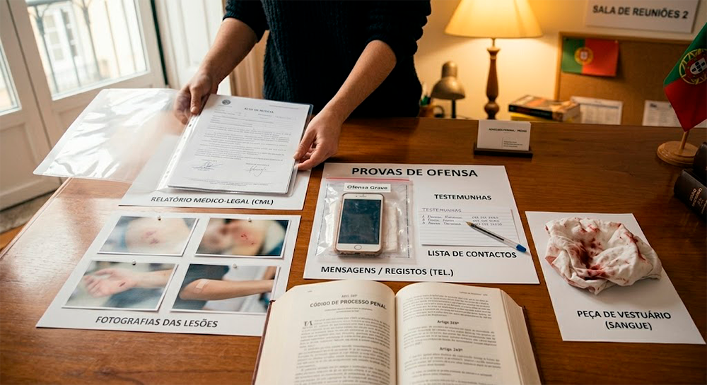Vista superior de uma mesa com provas de agressão: relatórios médico-legais, fotografias de lesões, um telemóvel para mensagens e uma peça de vestuário com sangue, ao lado do Código de Processo Penal aberto.