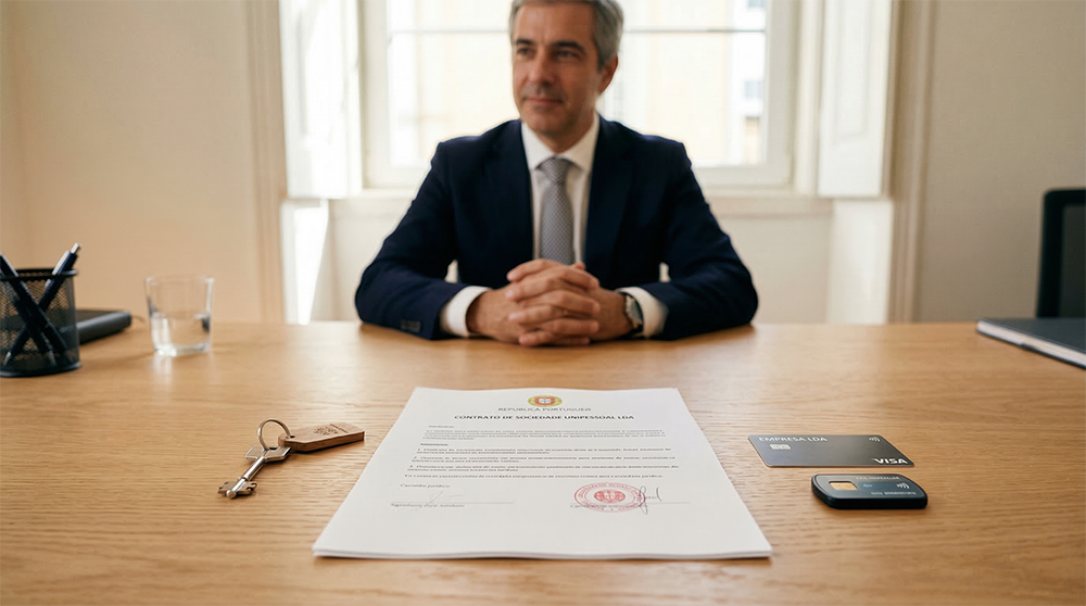 Grande plano de uma mesa de escritório mostrando a separação física entre bens pessoais (chave de casa) e bens empresariais (cartão e documentos), simbolizando a proteção patrimonial na Sociedade Unipessoal por Quotas em Portugal.