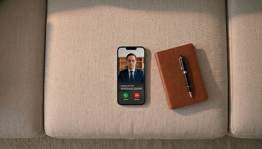 Vista superior de um smartphone num sofá bege a receber uma videochamada de um advogado, ao lado de uma agenda de pele castanha e uma caneta.