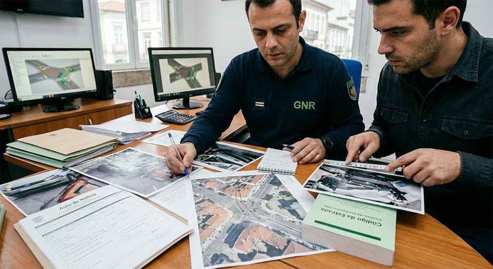 Agente da GNR e especialista a analisar fotografias de danos, mapas e auto de notícia para determinar a responsabilidade no acidente.