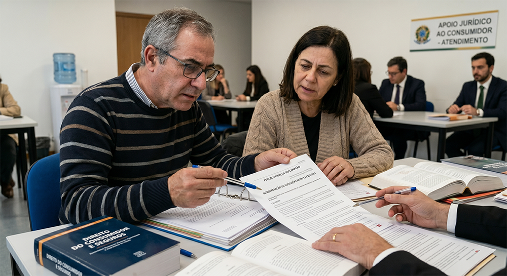 Um casal de meia-idade sentado numa mesa de escritório consulta um advogado sobre direitos do consumidor e seguros. O homem aponta para um documento de reclamação enquanto o advogado o analisa. Ao fundo, vê-se uma placa que diz "APOIO JURÍDICO AO CONSUMIDOR".