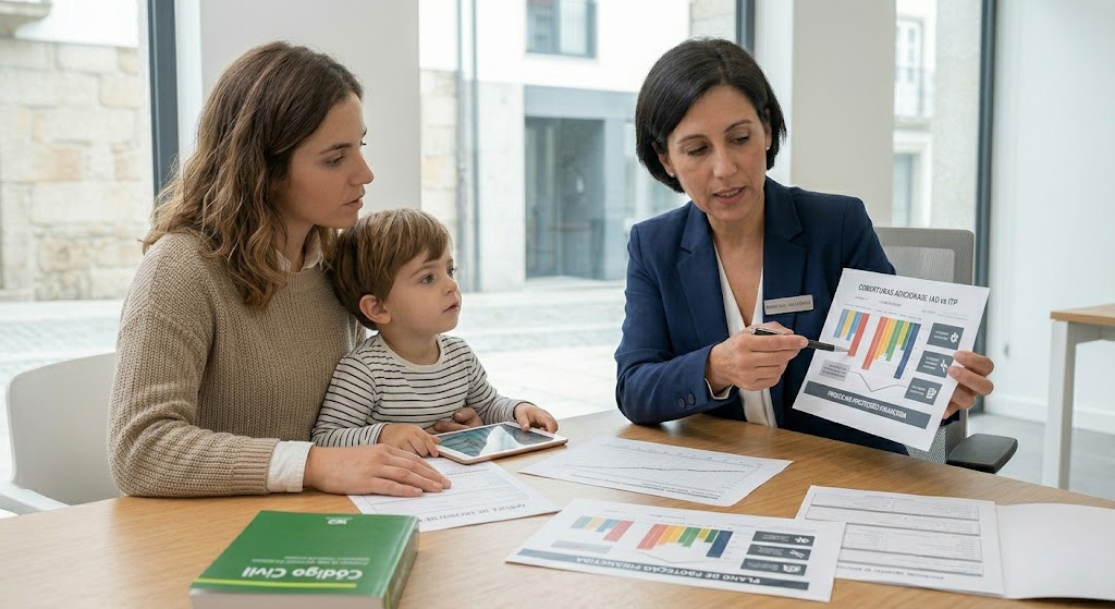Consultora de seguros explica coberturas adicionais de invalidez IAD e ITP a mãe e filho no escritório moderno.