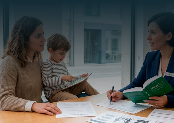 Mãe jovem com filho pequeno em reunião com consultora de seguros para analisar coberturas de seguro de vida.