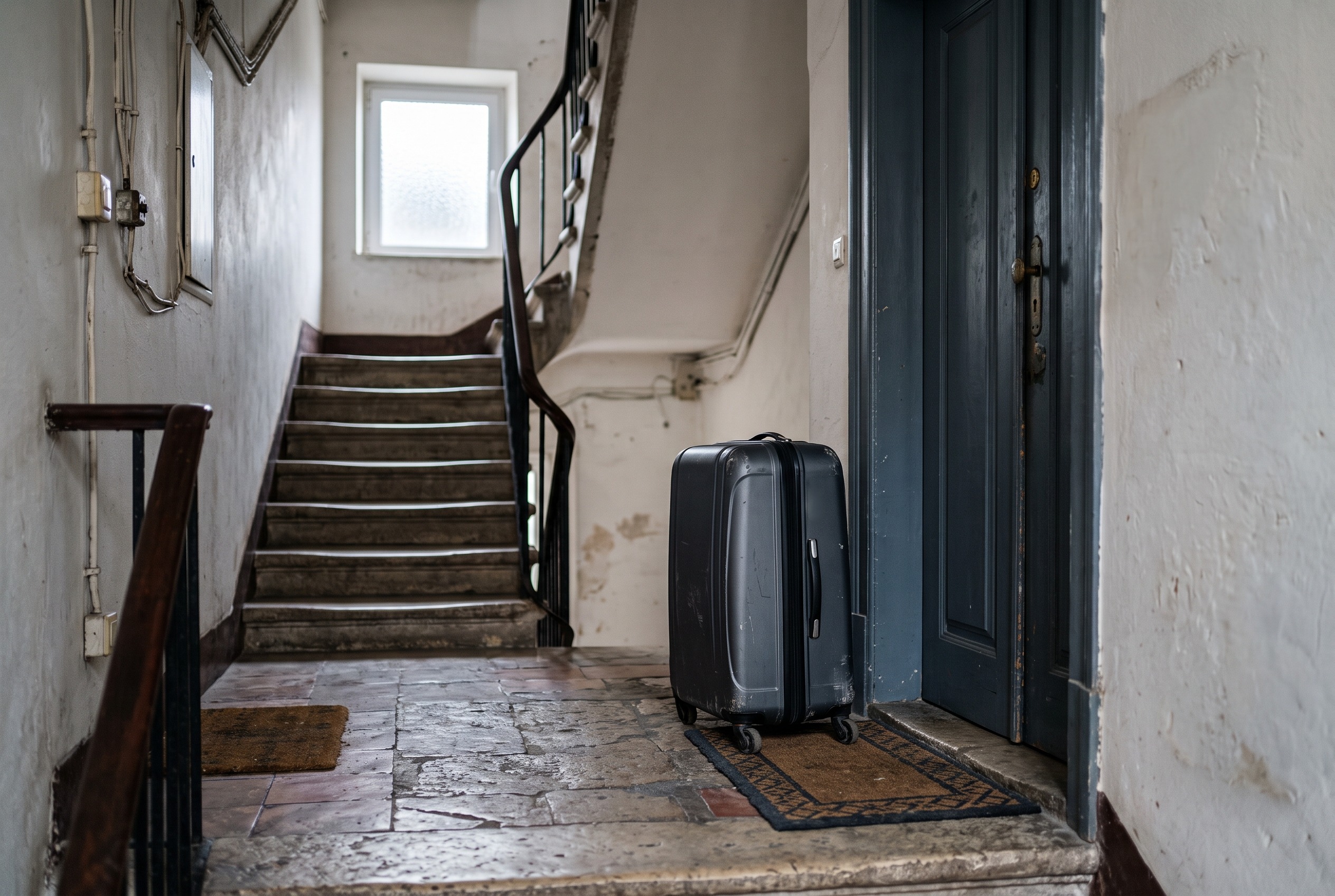 Mala de viagem no patamar de um prédio de habitação, junto à porta de uma fração