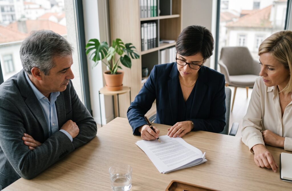 Condóminos a assinar um documento de alteração do título constitutivo numa mesa de reunião