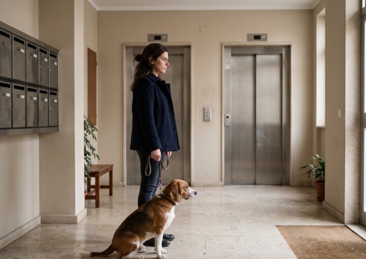 Cão de porte médio à trela junto ao elevador de um prédio, ao lado da dona