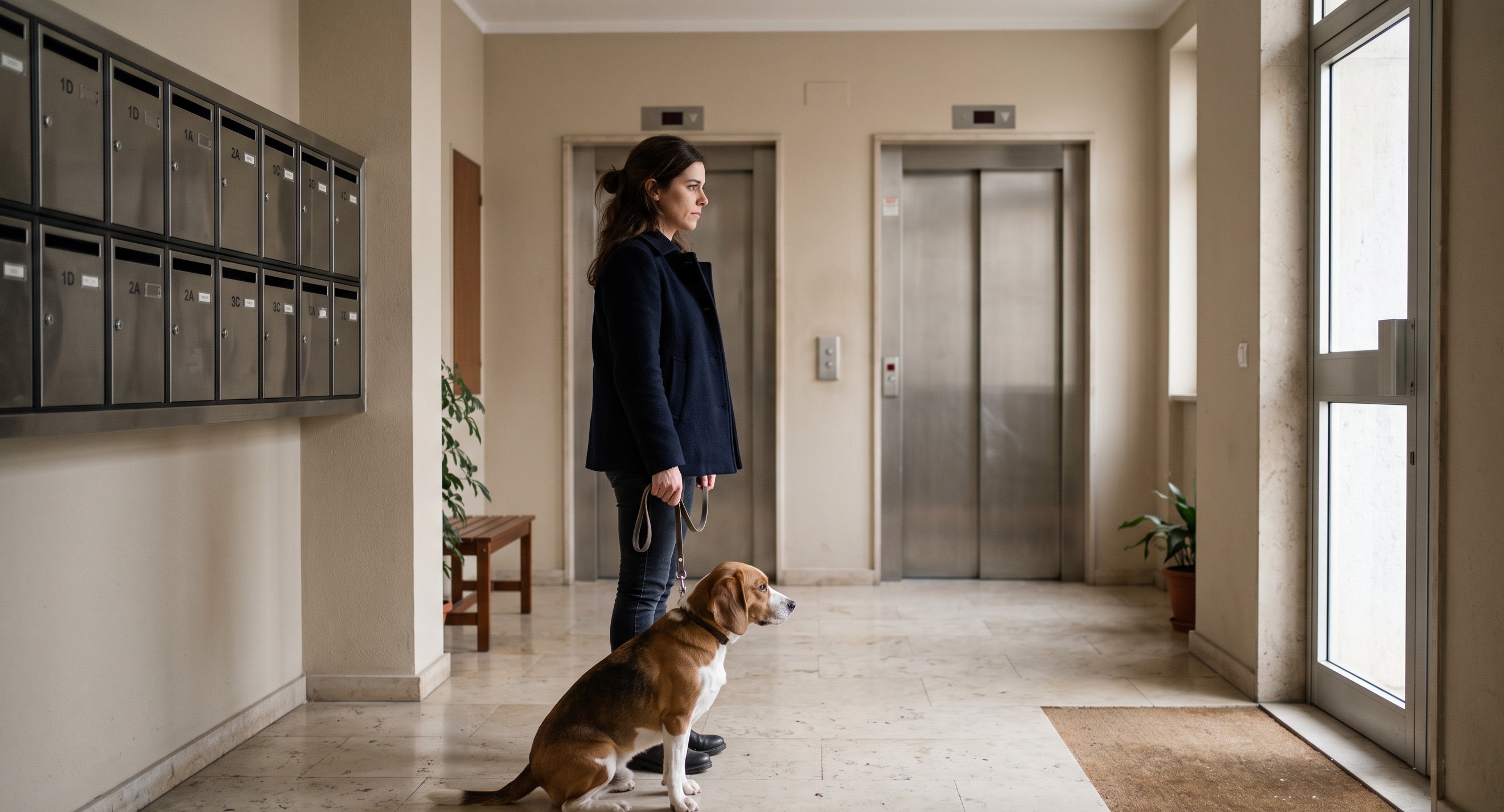 Cão de porte médio à trela junto ao elevador de um prédio, ao lado da dona