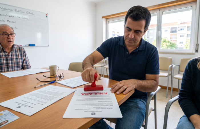 Homem a carimbar ANULADA sobre uma ata de assembleia geral de condóminos, numa sala de reuniões do prédio