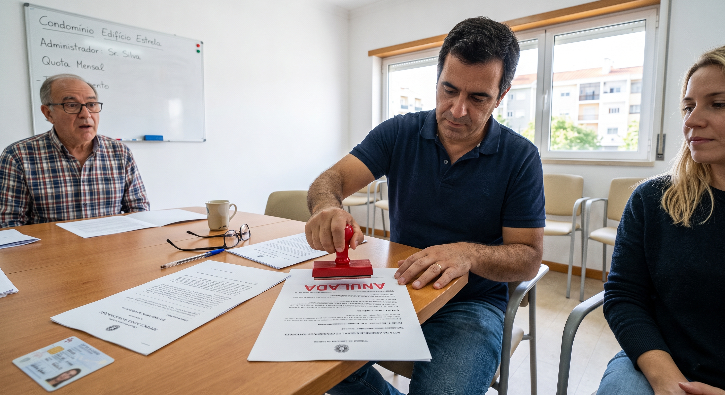 Homem a carimbar ANULADA sobre uma ata de assembleia geral de condóminos, numa sala de reuniões do prédio