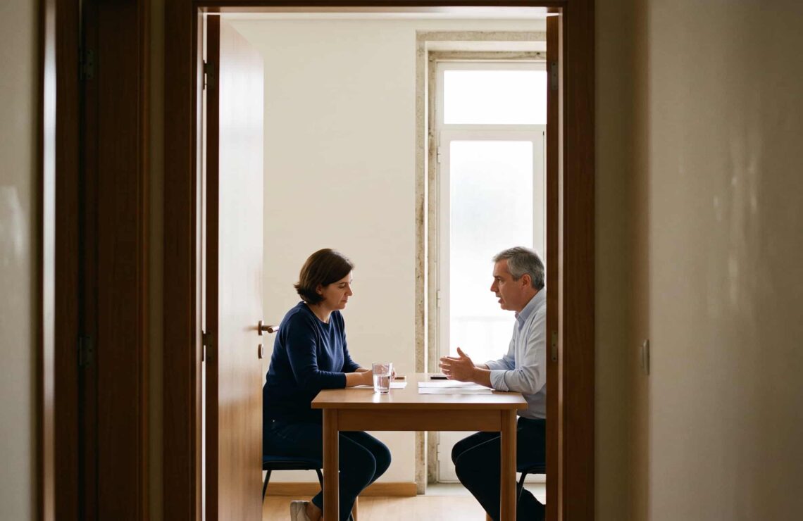Duas pessoas em conversa numa sala clara, vistas ao longe