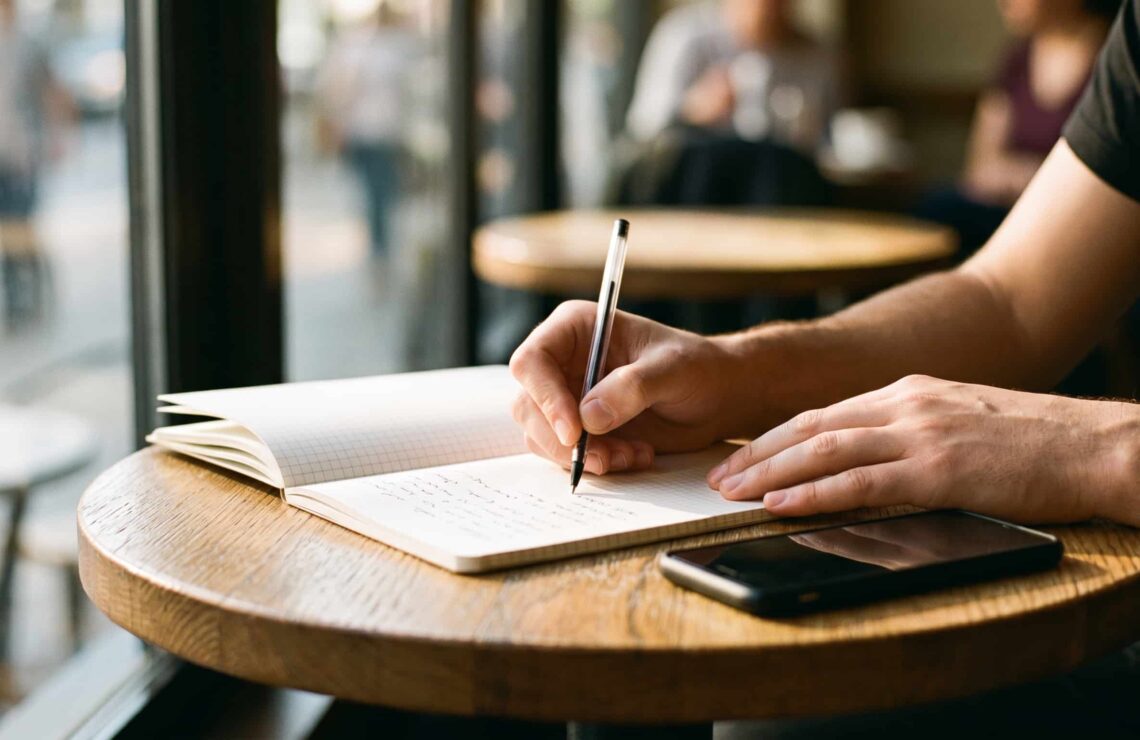 Mãos a escrever num caderno pousado numa mesa de café