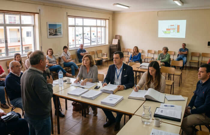 Condóminos sentados em círculo numa assembleia de condomínio, com convocatórias na mão