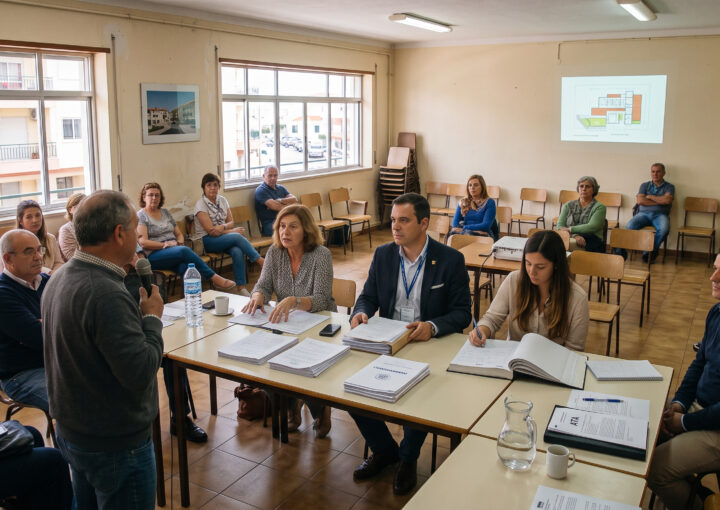 Condóminos sentados em círculo numa assembleia de condomínio, com convocatórias na mão