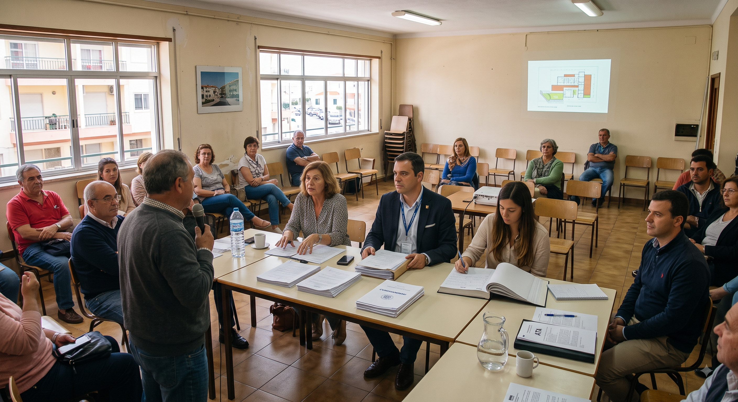 Condóminos sentados em círculo numa assembleia de condomínio, com convocatórias na mão