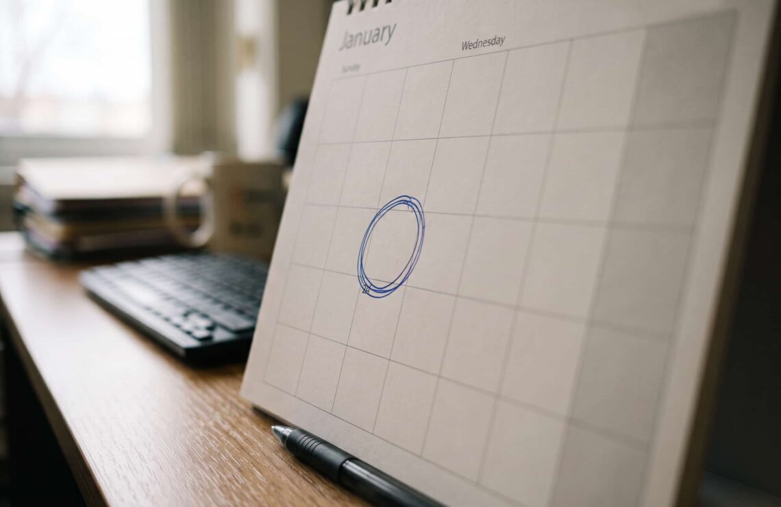 Calendário de secretária com um prazo assinalado a caneta