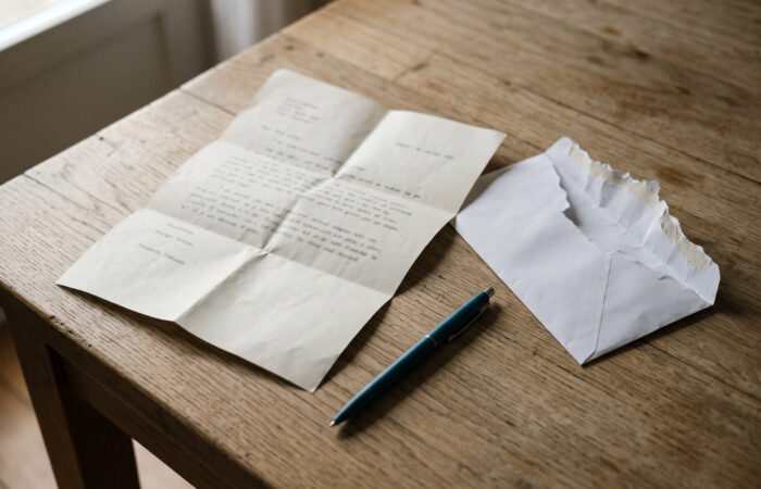 Carta de cessação de contrato de trabalho aberta sobre uma mesa, ao lado de um envelope