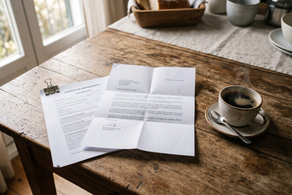 Carta aberta sobre a mesa da cozinha junto a um contrato de arrendamento