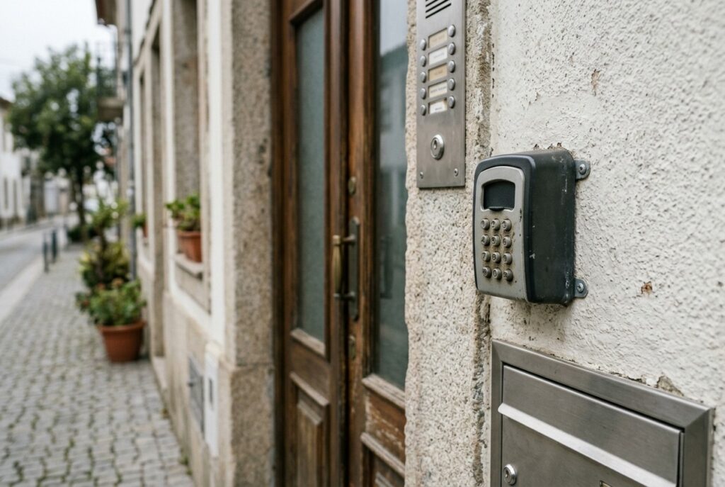 Cofre de chaves com código instalado junto à porta de entrada de um prédio