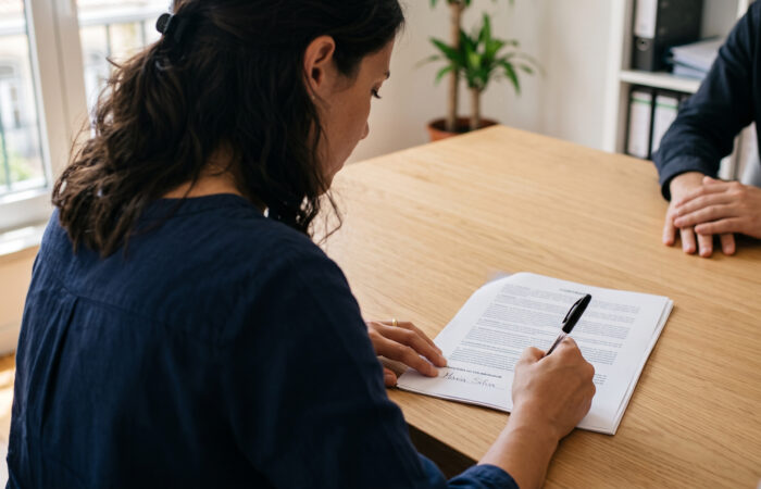 Trabalhadora a assinar um contrato de trabalho sem termo sobre a mesa de reuniões